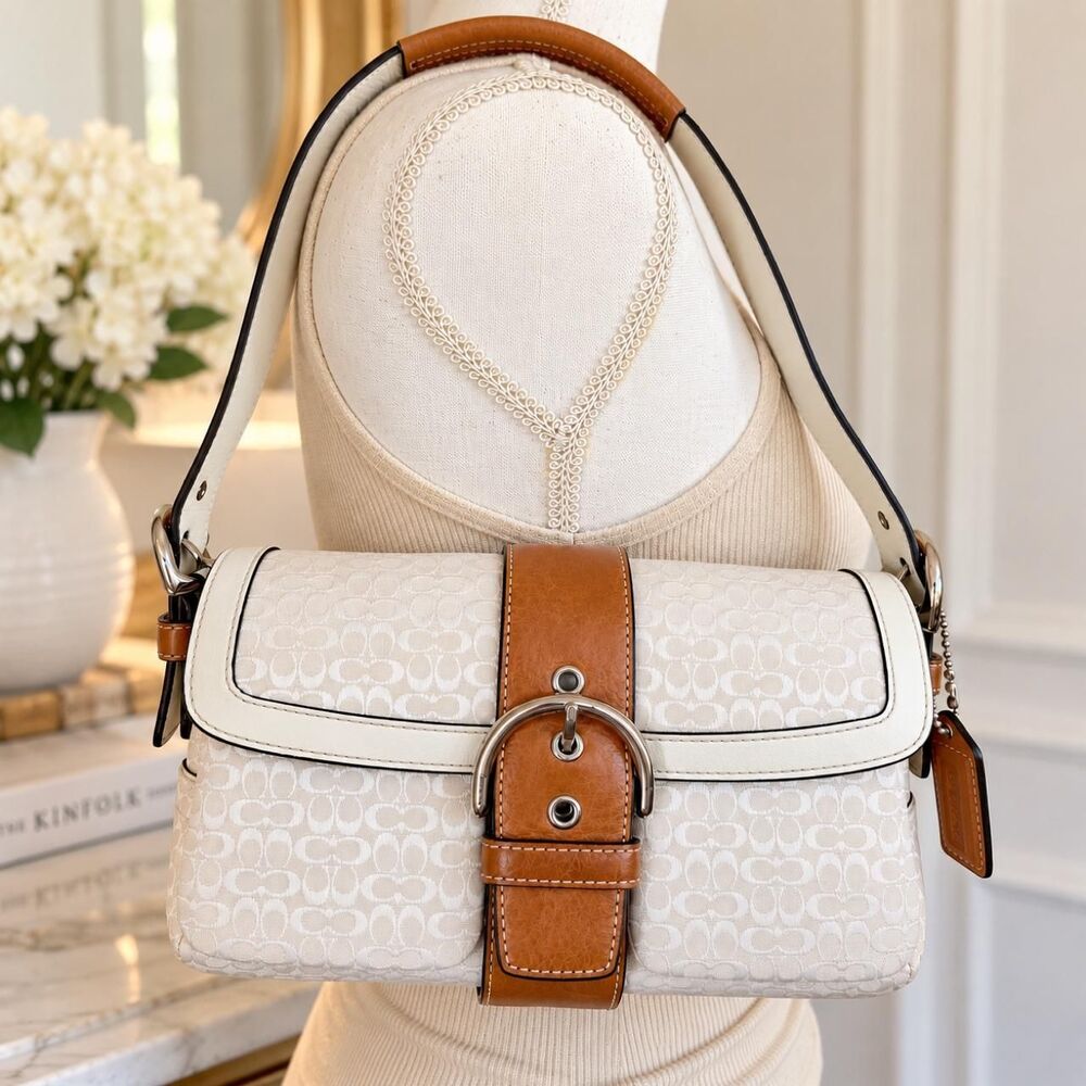 Vintage Y2K Coach Soho Bag Ivory White Tan Signature Jacquard 1444
